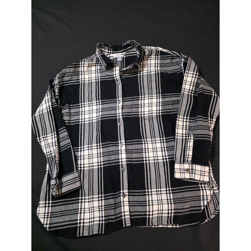 Old Navy The Boyfriend Shirt Black White Plaid Button Down Flannel XL